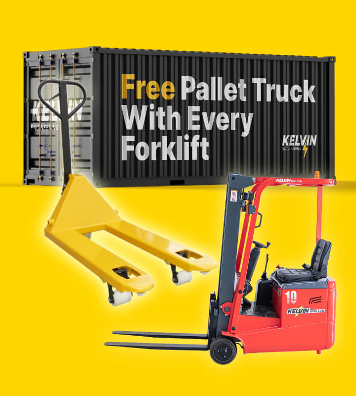Red Kelvin forklift and yellow pallet truck with black shipping container on yellow background