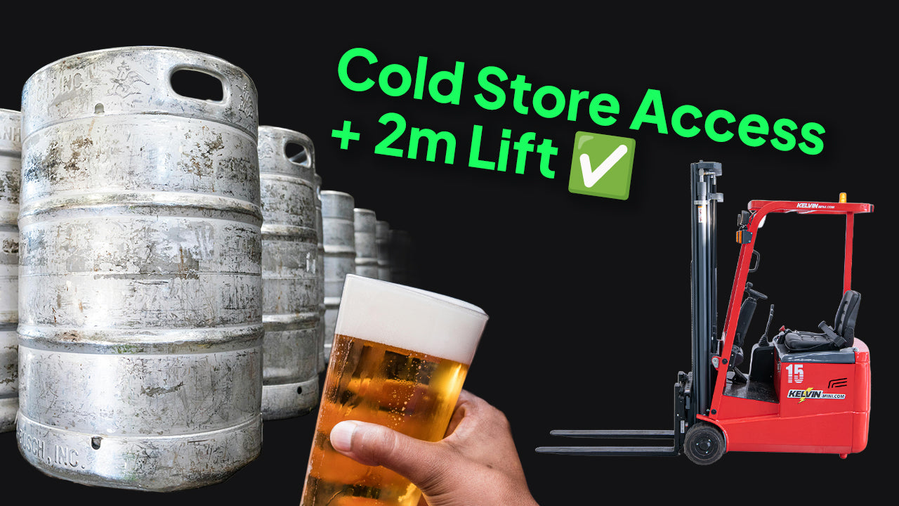Beer kegs, a hand holding a glass of beer, and a red forklift with text about cold store access and 2m lift