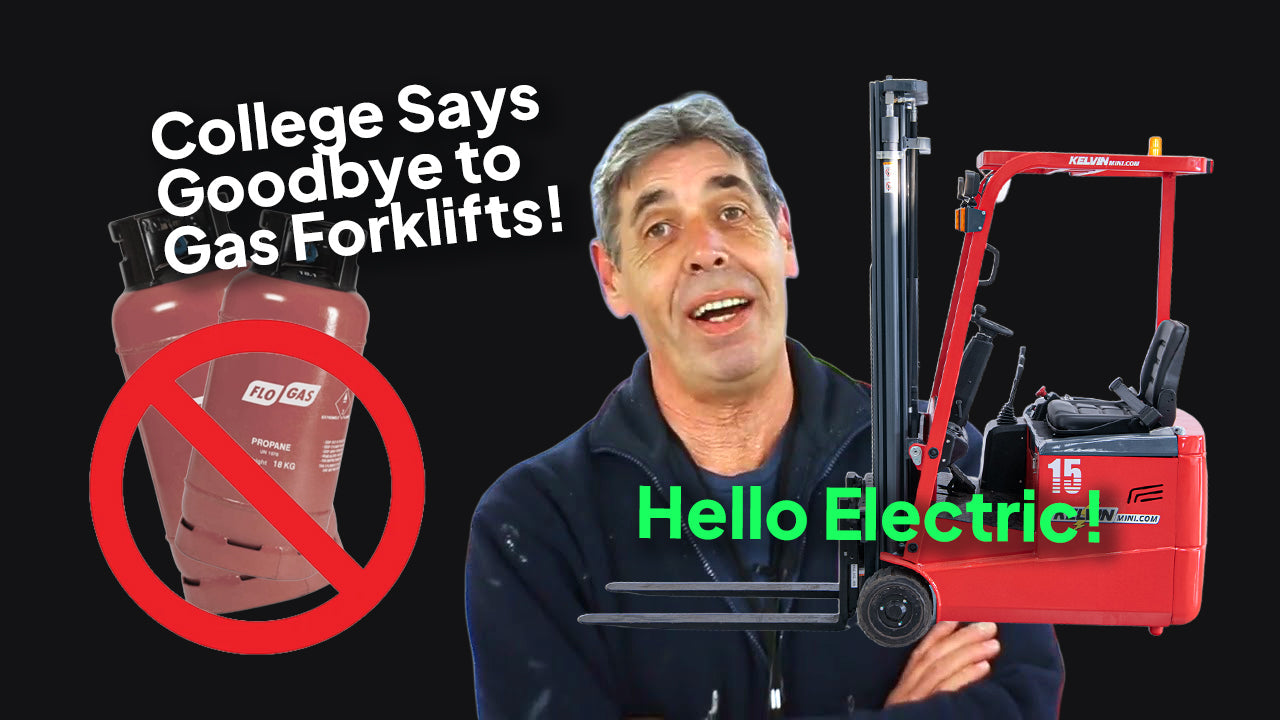 Man promoting electric forklift replacing gas forklifts with crossed-out propane tanks