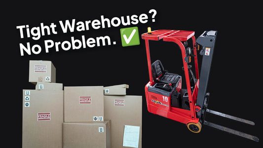 Red forklift next to stacked cardboard boxes labeled fragile with text Tight Warehouse? No Problem