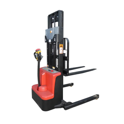 Electric pallet stacker forklift with control handle by Kelvin Engineering, warehouse equipment