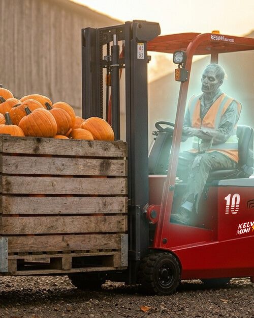 A red electric forklift with a driver seated inside transports a wooden pallet stacked with orange pumpkins across a farm yard at sunset. Jack-o'-lanterns sit on the ground beside a rustic barn and cornstalks are visible in the background.