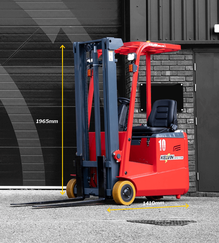 kelvin mini forklift in front of warehouse in red