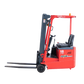 Red Kelvin Mini electric forklift with black seat and lifting forks, model 10, side view